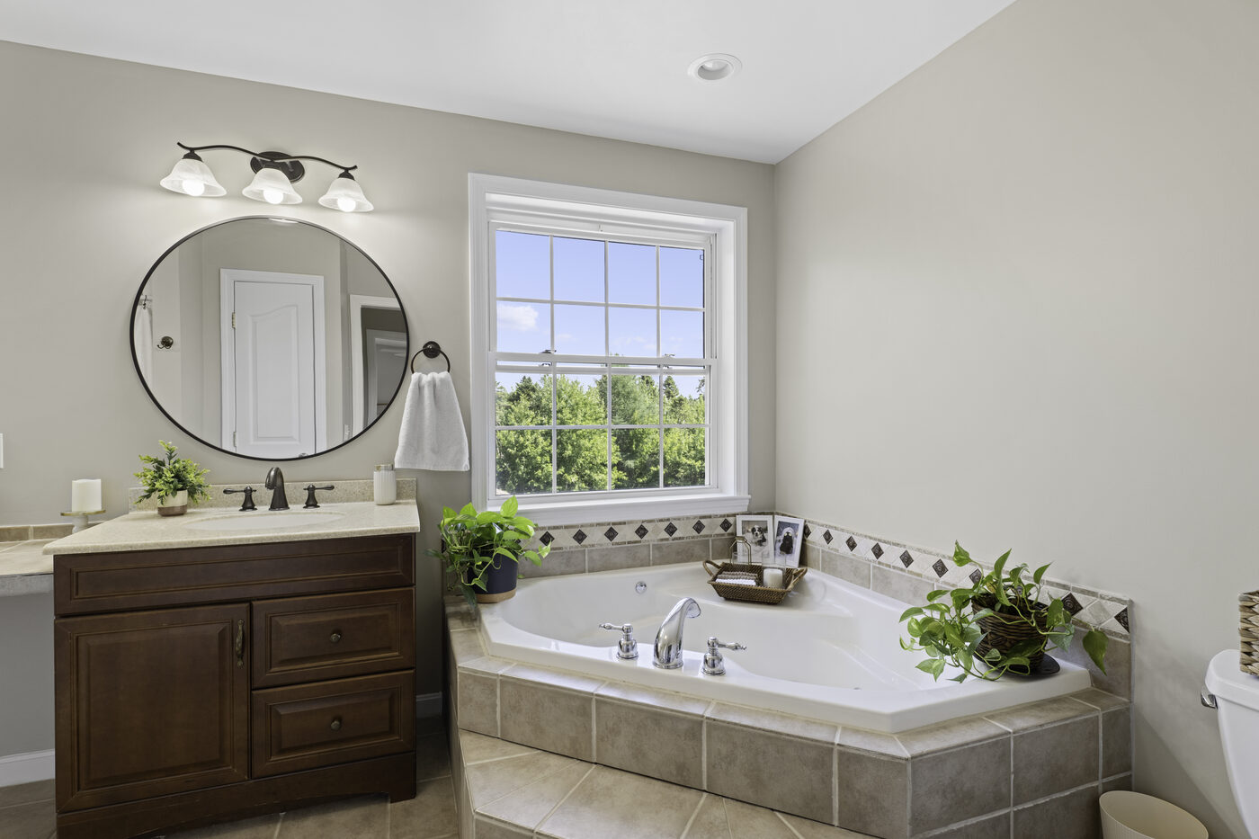 Primary bathroom with soaking tub and natural light